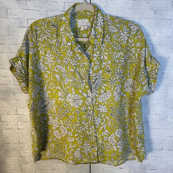 Rachel Ashwell women’s linen blouse floral yellow colorful button up feminine - Picture 1 of 9